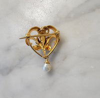 14k gold Nouveau floral flower pearl necklace pendant lavaliere pin