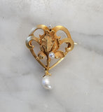 14k gold Nouveau floral flower pearl necklace pendant lavaliere pin