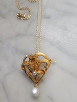 14k gold Nouveau floral flower pearl necklace pendant lavaliere pin
