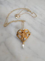 14k gold Nouveau floral flower pearl necklace pendant lavaliere pin