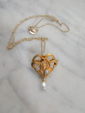 14k gold Nouveau floral flower pearl necklace pendant lavaliere pin