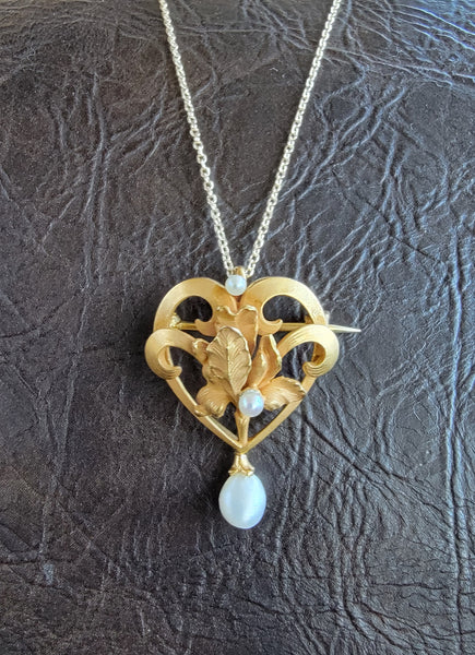 14k gold Nouveau floral flower pearl necklace pendant lavaliere pin