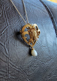 14k gold Nouveau floral flower pearl necklace pendant lavaliere pin