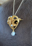 14k gold Nouveau floral flower pearl necklace pendant lavaliere pin