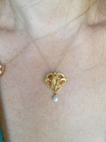 14k gold Nouveau floral flower pearl necklace pendant lavaliere pin