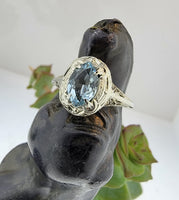 14k white gold c.1920's filigree Aquamarine ring