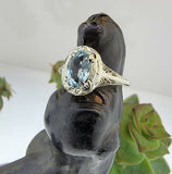 14k white gold c.1920's filigree Aquamarine ring