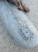 10k white gold Deco c.1920's filigree camphor, diamond & pearl pendant necklace