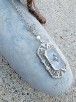10k white gold Deco c.1920's filigree camphor, diamond & pearl pendant necklace