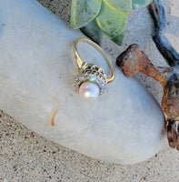14k yellow gold Edwardian pearl & diamond halo ring