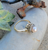 14k yellow gold Edwardian pearl & diamond halo ring