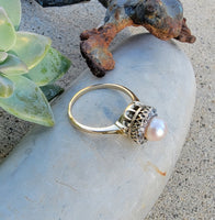 14k yellow gold Edwardian pearl & diamond halo ring