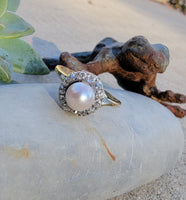 14k yellow gold Edwardian pearl & diamond halo ring
