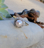 14k yellow gold Edwardian pearl & diamond halo ring