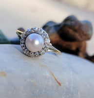 14k yellow gold Edwardian pearl & diamond halo ring