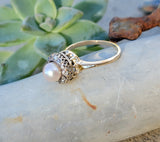 14k yellow gold Edwardian pearl & diamond halo ring