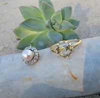 14k yellow gold Edwardian pearl & diamond halo ring