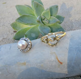 14k yellow gold Edwardian pearl & diamond halo ring
