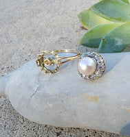 14k yellow gold Edwardian pearl & diamond halo ring