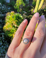 14k yellow gold Edwardian pearl & diamond halo ring