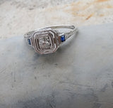 18k white gold vintage Art Deco Diamond & Sapphire filigree Ring