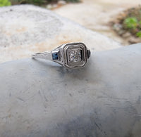 18k white gold vintage Art Deco Diamond & Sapphire filigree Ring