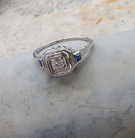 18k white gold vintage Art Deco Diamond & Sapphire filigree Ring