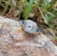 18k white gold vintage Art Deco Diamond & Sapphire filigree Ring