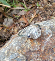 18k white gold vintage Art Deco Diamond & Sapphire filigree Ring