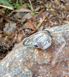 18k white gold vintage Art Deco Diamond & Sapphire filigree Ring