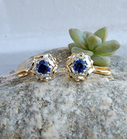14k gold two tone sapphire lever back earrings