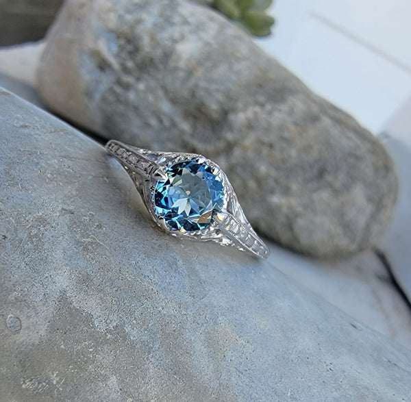 18k white gold aquamarine filigree c.1920's ring - Belais