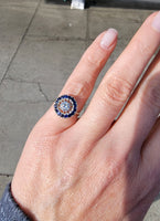 14k gold two tone halo blue sapphire & European cut diamond halo antique ring