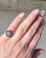 14k gold two tone halo blue sapphire & European cut diamond halo antique ring