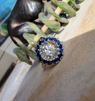 14k gold two tone halo blue sapphire & European cut diamond halo antique ring