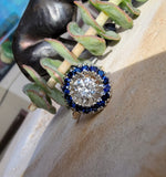 14k gold two tone halo blue sapphire & European cut diamond halo antique ring