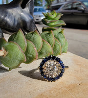 14k gold two tone halo blue sapphire & European cut diamond halo antique ring