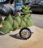 14k gold two tone halo blue sapphire & European cut diamond halo antique ring