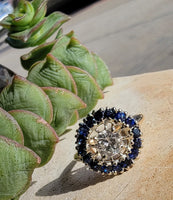 14k gold two tone halo blue sapphire & European cut diamond halo antique ring