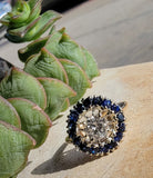 14k gold two tone halo blue sapphire & European cut diamond halo antique ring