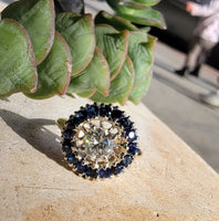 14k gold two tone halo blue sapphire & European cut diamond halo antique ring