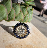 14k gold two tone halo blue sapphire & European cut diamond halo antique ring