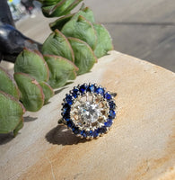 14k gold two tone halo blue sapphire & European cut diamond halo antique ring