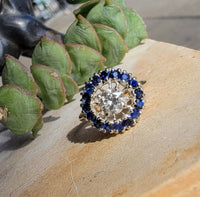 14k gold two tone halo blue sapphire & European cut diamond halo antique ring