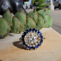 14k gold two tone halo blue sapphire & European cut diamond halo antique ring