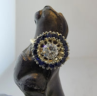 14k gold two tone halo blue sapphire & European cut diamond halo antique ring