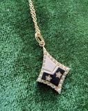 10k gold seed pearl, diamond & enamel vintage Deco star necklace pendant
