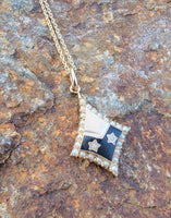 10k gold seed pearl, diamond & enamel vintage Deco star necklace pendant