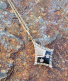 10k gold seed pearl, diamond & enamel vintage Deco star necklace pendant