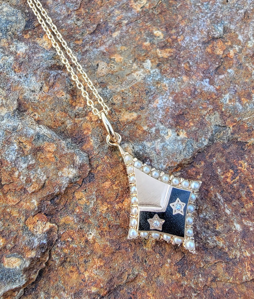 10k gold seed pearl, diamond & enamel vintage Deco star necklace pendant